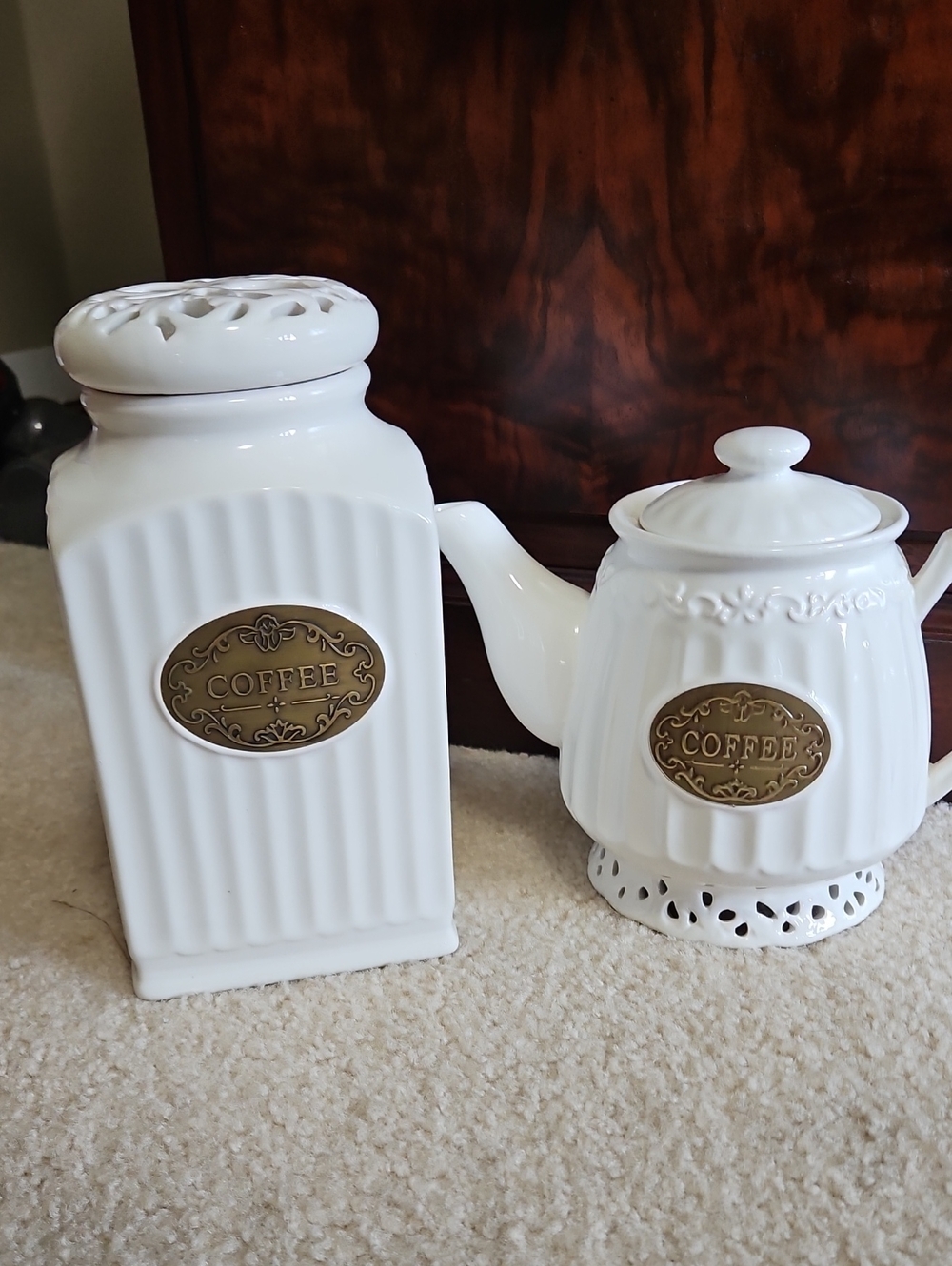 White Ceramic Coffee Canister and Teapot Set with Brass Accent
